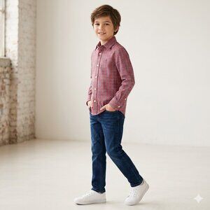 Tommy Hilfiger Boys Long Sleeve Plaid Button Down Shirt Size 8 Red Navy Classic